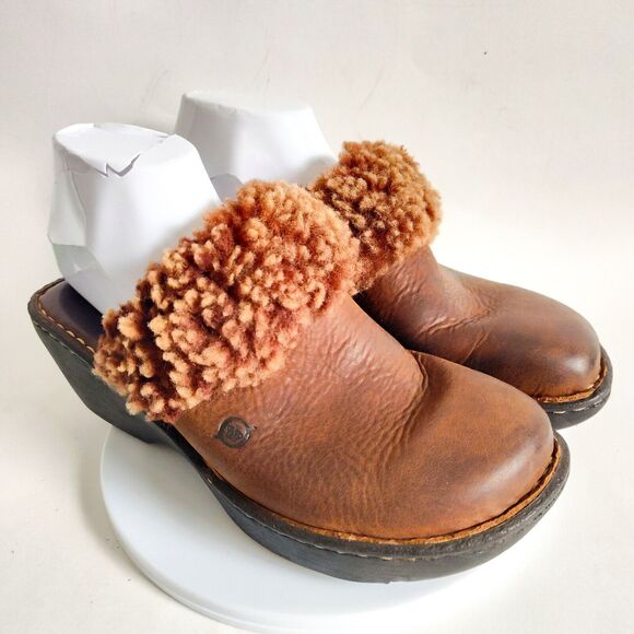 Born Brown Leather 2" Wedge Slip On Clogs Shearling Trim Womens Size 8 /39 Boho - Picture 1 of 10